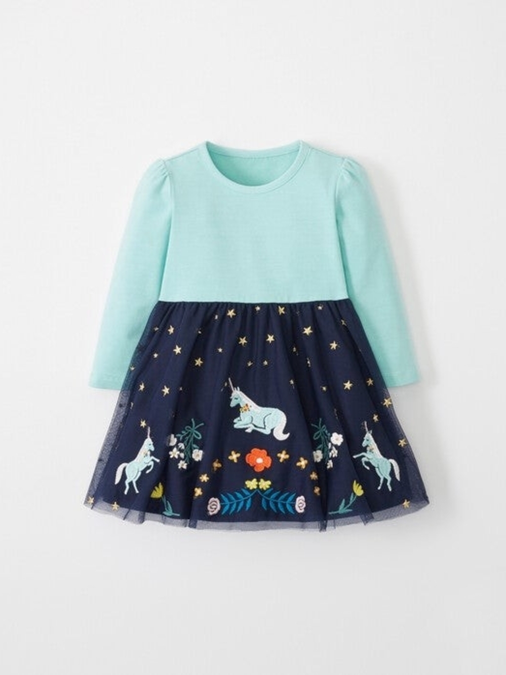 Hanna Andersson Mint & Navy Unicorn Tulle Dress with Gold Stars